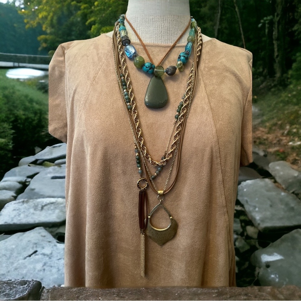Lot of 5 Necklaces Faux Turquoise Leather Iris Apfel Style